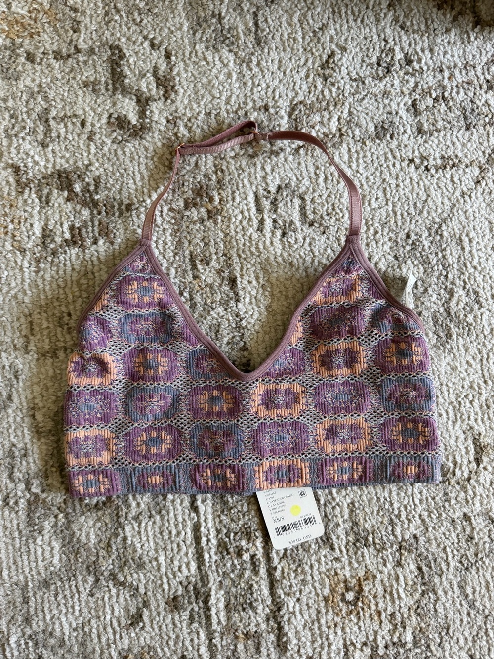 NWT FREE PEOPLE Women's Knit Bralette - Purple & Peach Pattern
